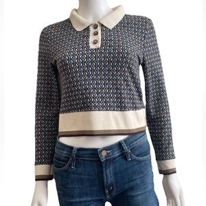 Zara Collared Long Sleeve Polo Knit  Crop Sweater Women’s Sz  S Navy Fitted